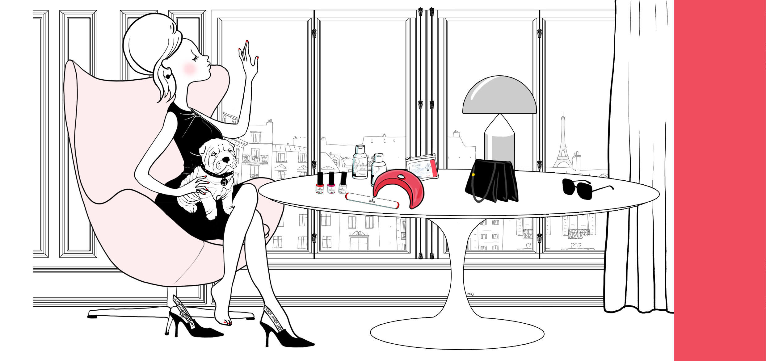 illustration marinho paris avec produits manucure : vernis semi-permanent, lampes leds, dissolvant et lotion. pin-up avec bouledogue français. appartement haussmanien vue sur la tour eiffel