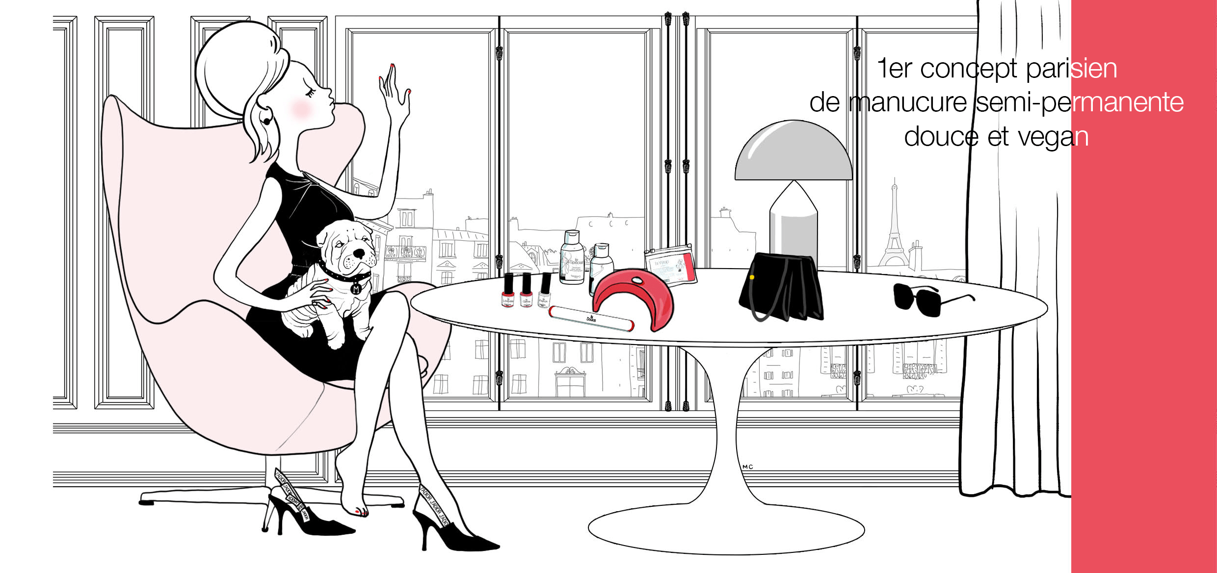 illustration marinho paris avec produits manucure : vernis semi-permanent, lampes leds, dissolvant et lotion. pin-up avec bouledogue français. appartement haussmanien vue sur la tour eiffel